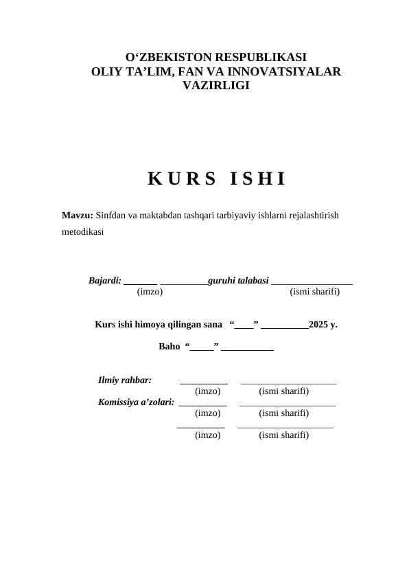 Sinfdan va maktabdan tashqari tarbiyaviy ishlarni rejalashtirish metodikasi