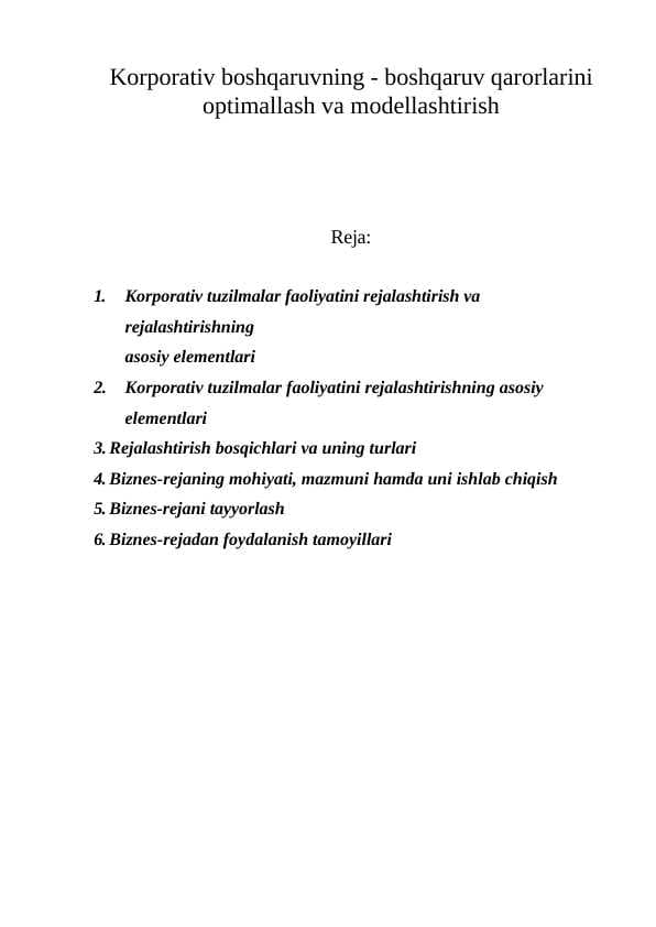 Korporativ boshqaruvning - boshqaruv qarorlarini optimallash va modellashtirish