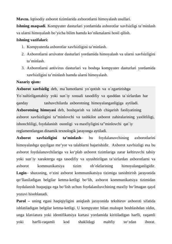 Iqtisodiy axborot tizimlarida axborotlarni himoyalash usullari.