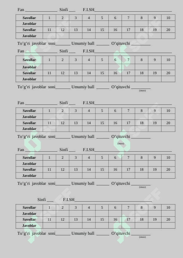 Maktab uchun variant 30 ta va 20 talik test blankasi