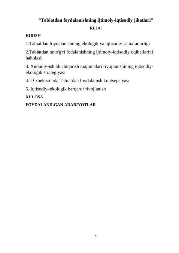 “Tabiatdan foydalanishning ijtimoiy-iqtisodiy jihatlari”