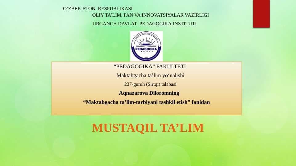 Sensor tarbiya tushunchasi.Sensor tarbiyaning mazmuni, maqsad va vazifalari.Sensor tarbiya usullari. Mariya Montessorining sensor tarbiyani rivojlantirish metodikasi. Ahloq tushunchasi.Ahloq normalari.Ahloqiy tushunchalar:ahloqiy ong,ahloqiy qadriyatlar,ahloqiy his-tuyg’ular. Jismoniy tarbiya tushunchasi.Jismoniy tarbiyaning asosiy tushunchalari:”jismoniytarbiya”,”jismoniy barkamollik”, “badantarbiya”,”jismoniy rivojlanish”. Aqliy tarbiya haqida tushunchasi.Aql kategoriyalari.