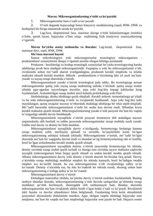 Mikroorganizmlarning o‘sishi va ko‘payishi