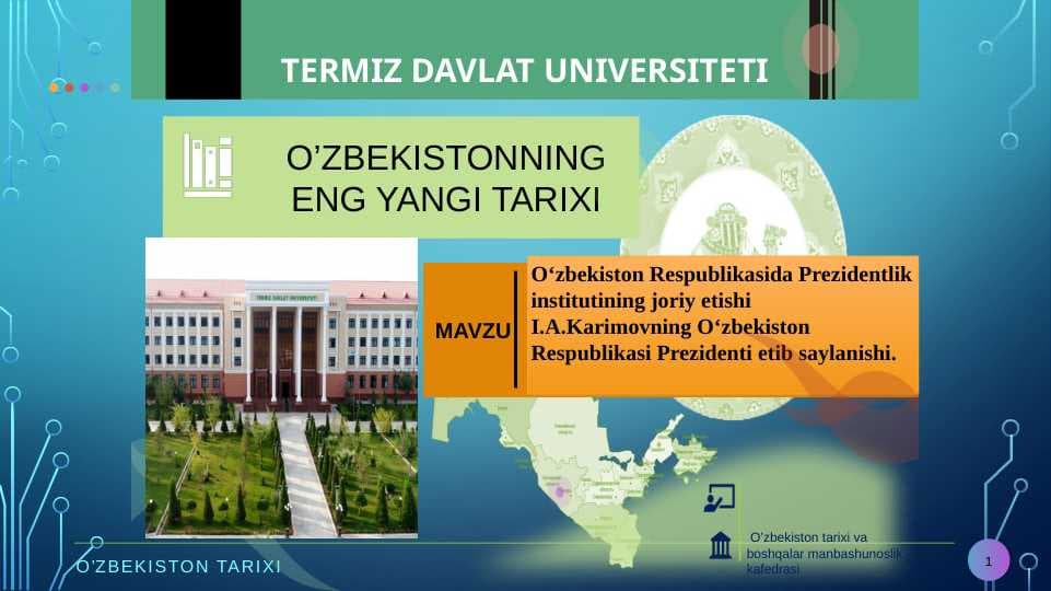 O‘zbekiston Respublikasida Prezidentlik institutining joriy etishi I.A.Karimovning O‘zbekiston Respublikasi Prezidenti etib saylanishi.