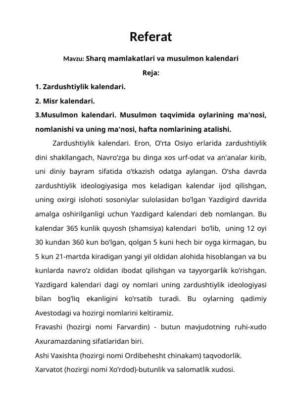 Sharq mamlakatlari va musulmon kalеndari. REFERAT