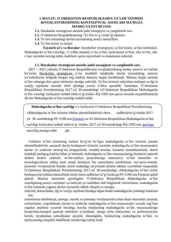 O`ZBEKISTON RESPUBLIKASIDA TA`LIM TIZIMINI RIVOJLANTIRISHNING KONTSEPTUAL ASOSLARI