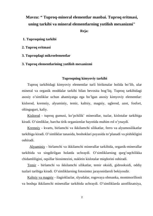 Tuproq-mineral elementlar manbai. Tuproq eritmasi, uning tarkibi va mineral elementlarning yutilish mexanizmi