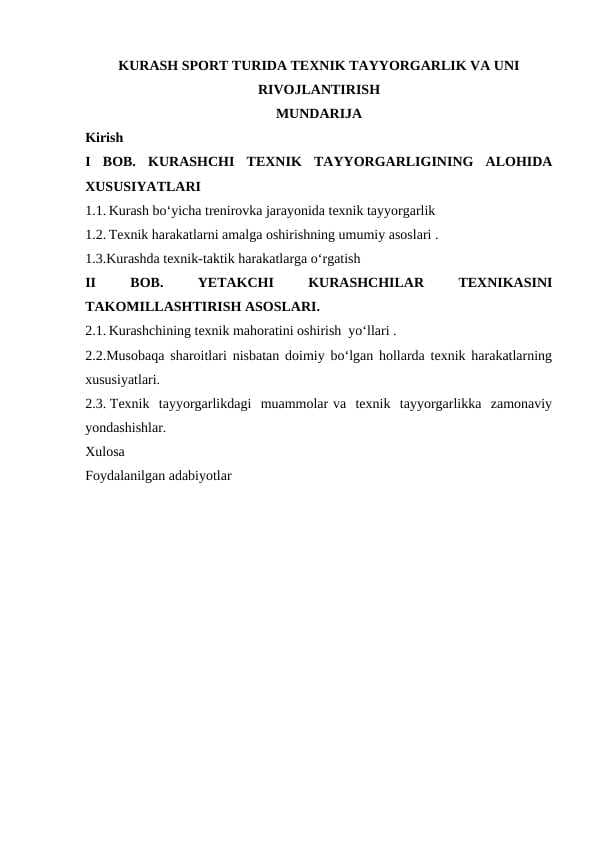 KURASH SPORT TURIDA TEXNIK TAYYORGARLIK VA UNI RIVOJLANTIRISH