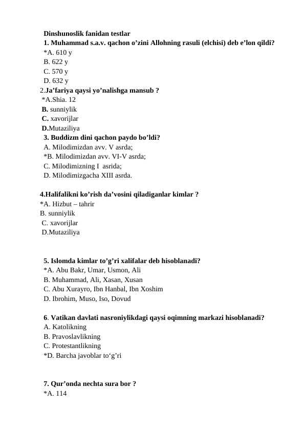 Dinshunoslik fanidan 100 talik test