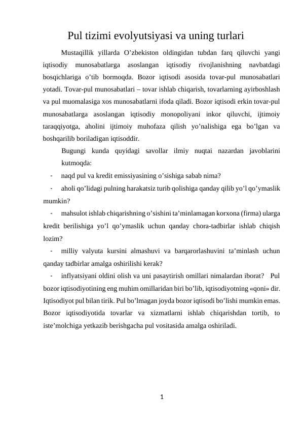 Pul tizimi evolyutsiyasi va uning turlari