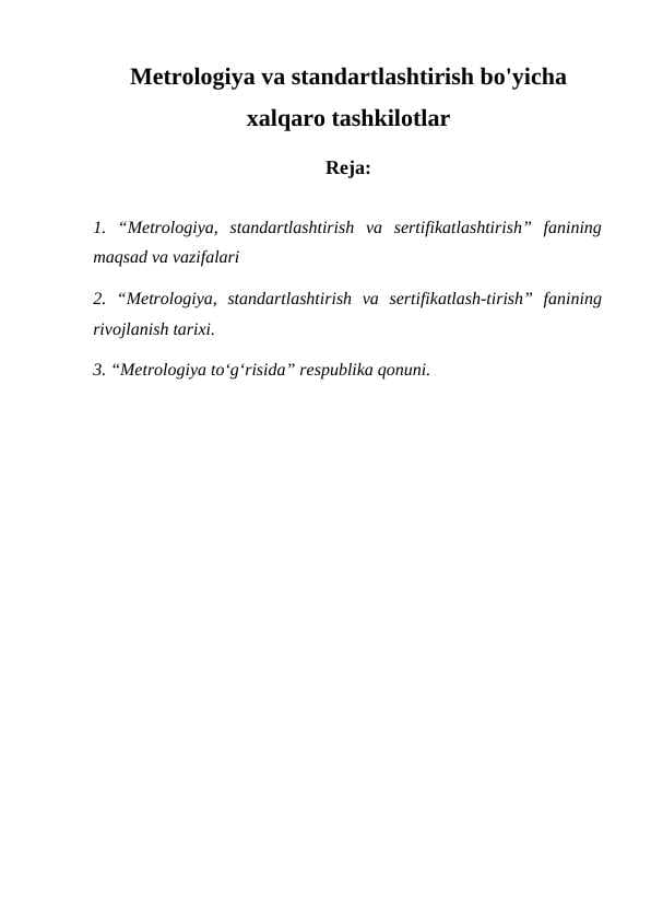 metrologiya va standartlashtirish bo'yicha xalqaro tashkilotlar