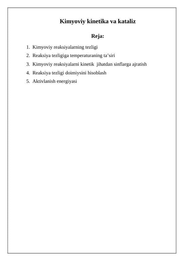 Kimyoviy kinetika va kataliz