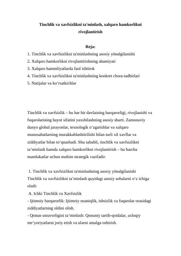 Tinchlik va xavfsizlikni ta'minlash, xalqaro hamkorlikni rivojlantirish