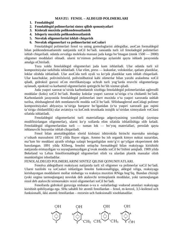 FENOL – ALDEGID POLIMERLARI