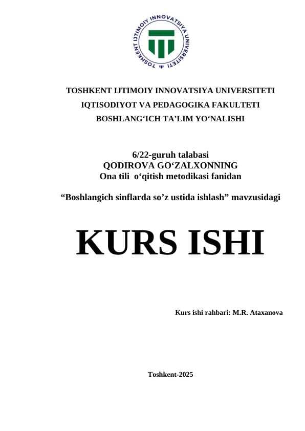 Boshlang'ich sinflarda so'z ustida ishlash