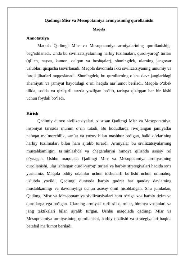 Qadimgi Misr va Mesopotamiya armiyasining qurollanishi maqola