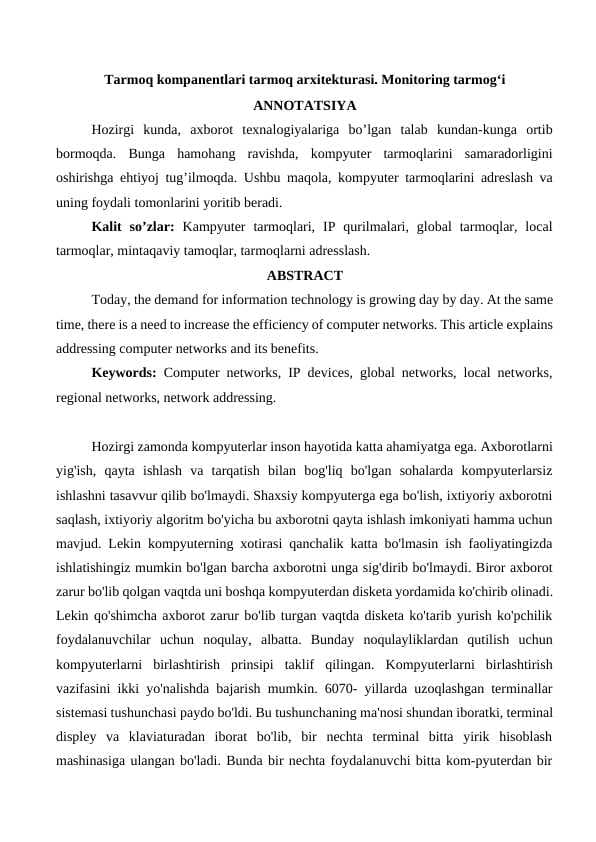 Tarmoq komponentlari ,tarmoq arxitekturasi.Monitoring tarmoģi