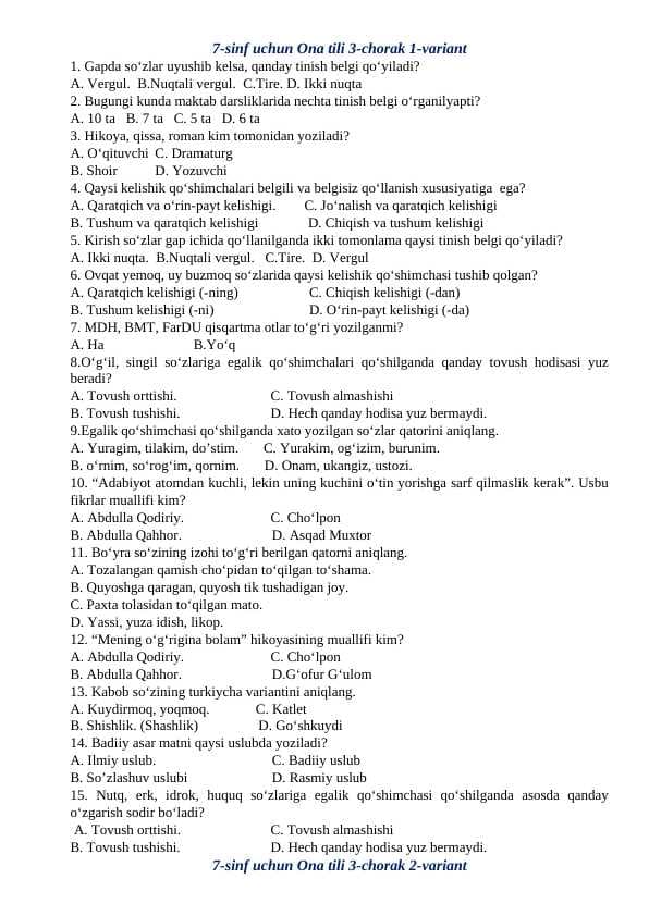 7 - sinf ona tili  III chorak test