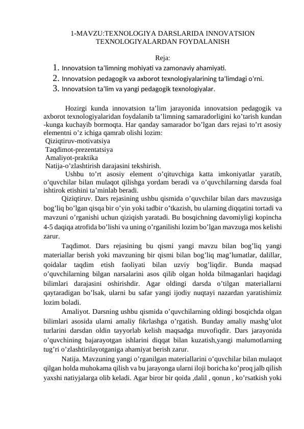 TEXNOLOGIYA DARSLARIDA INNOVATSION TEXNOLOGIYALARDAN FOYDALANISH