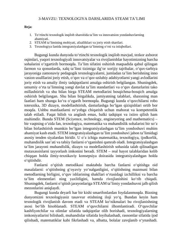 TEXNOLOGIYA DARSLARIDA STEAM TA’LIMI