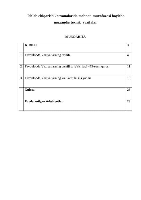 Favqulodda Vaziyatlarning tasnifi, tavsifi va ularning hususiyatlari