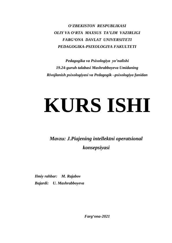 J.Piajening intellektni operatsional konsepsiyasi