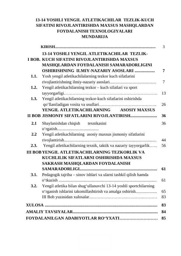 13-14 YOSHLI YENGIL АTLETIKАCHILАR  TEZLIK-KUCH SIFATINI RIVOJLANTIRISHDA MAXSUS MASHQLARDAN FOYDALANISH TEXNOLOGIYALARI