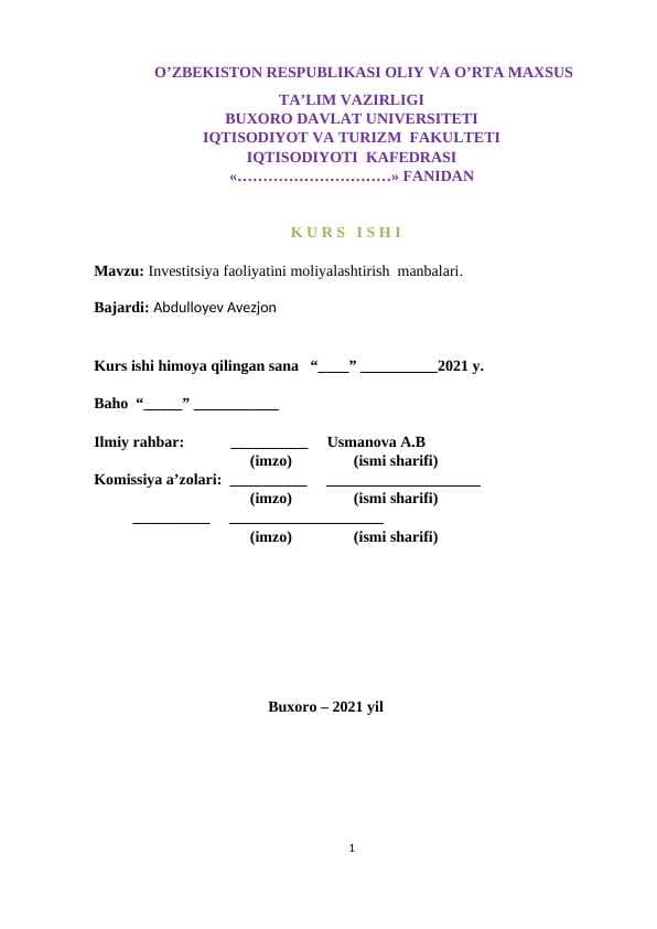 Investitsiya faoliyatini moliyalashtirish  manbalari.