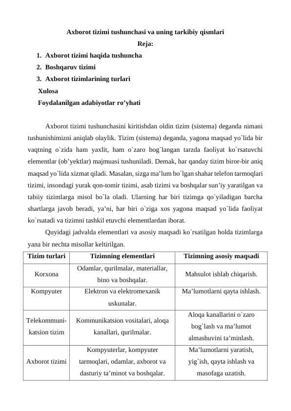 Axborot tizimi tushunchasi va uning tarkibiy qismlari