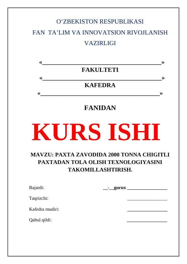 PAXTA ZAVODIDA 2000 TONNA CHIGITLI PAXTADAN TOLA OLISH TEXNOLOGIYASINI TAKOMILLASHTIRISH.