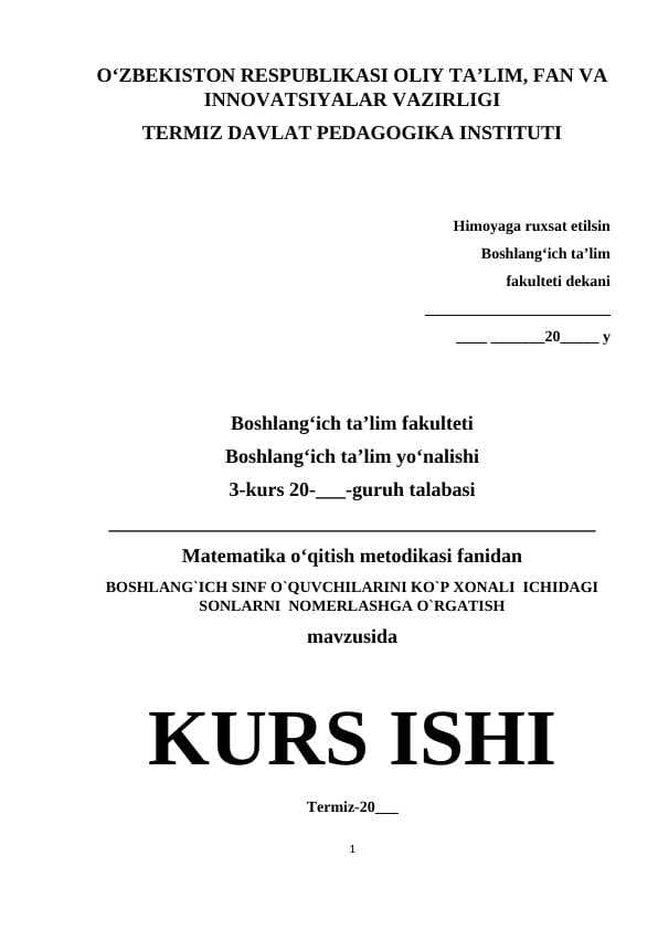 BOSHLANG`ICH SINF O`QUVCHILARINI KO`P XONALI  ICHIDAGI SONLARNI  NOMERLASHGA O`RGATISH