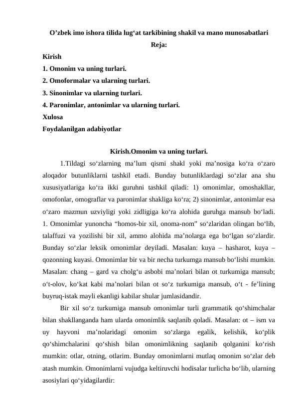 O’zbek imo ishora tilida lugʻat tarkibining shakil va mano munosabatlari