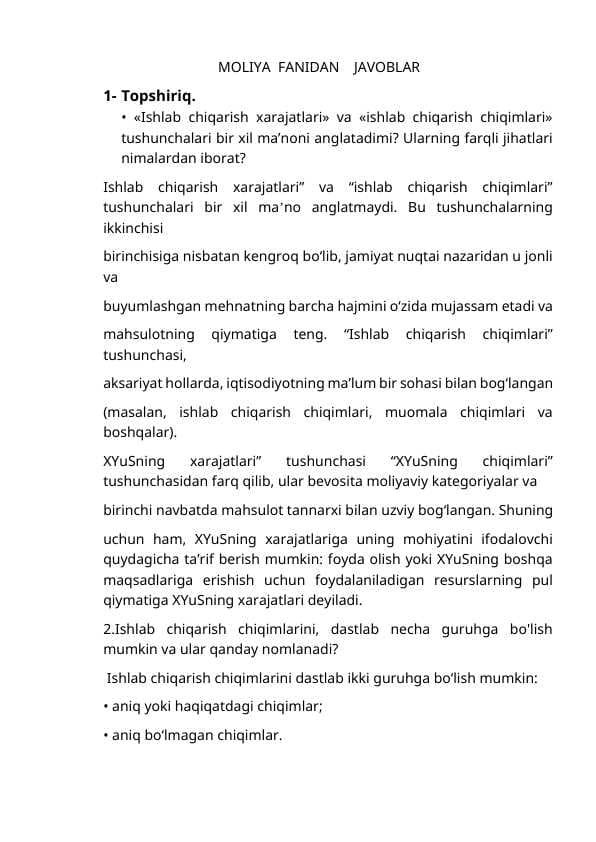 MOLIYA  FANIDAN    JAVOBLAR