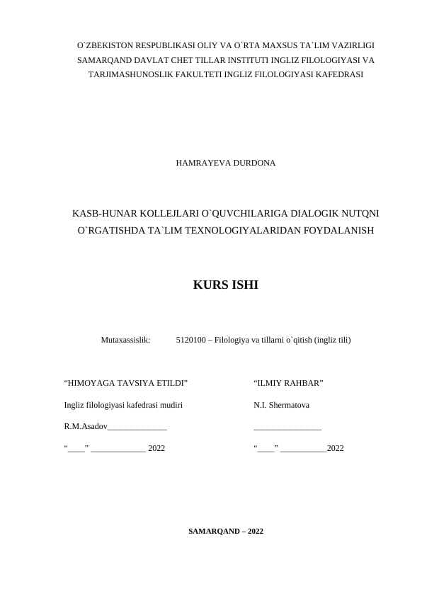 KASB-HUNAR KOLLEJLARI O`QUVCHILARIGA DIALOGIK NUTQNI O`RGATISHDA TA`LIM TEXNOLOGIYALARIDAN FOYDALANISH