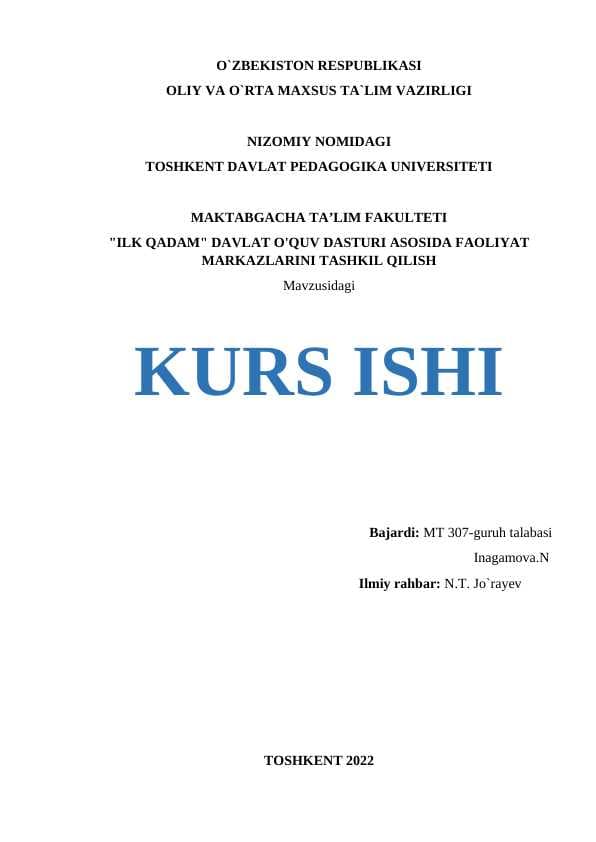 ILK QADAM" DAVLAT O'QUV DASTURI ASOSIDA FAOLIYAT MARKAZLARINI TASHKIL QILISH