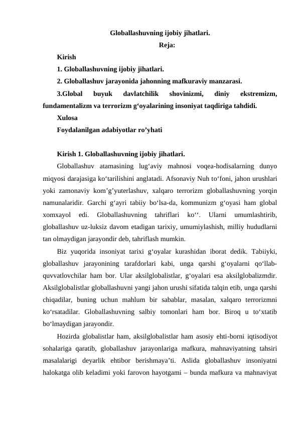 Globallashuvning ijobiy jihatlar