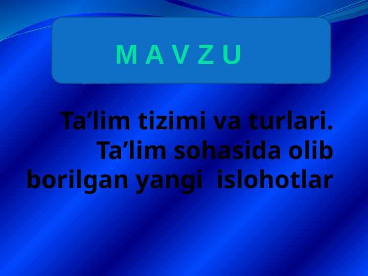 Ta’lim tizimi va turlari. Ta’lim sohasida olib borilgan yangi  islohotlar