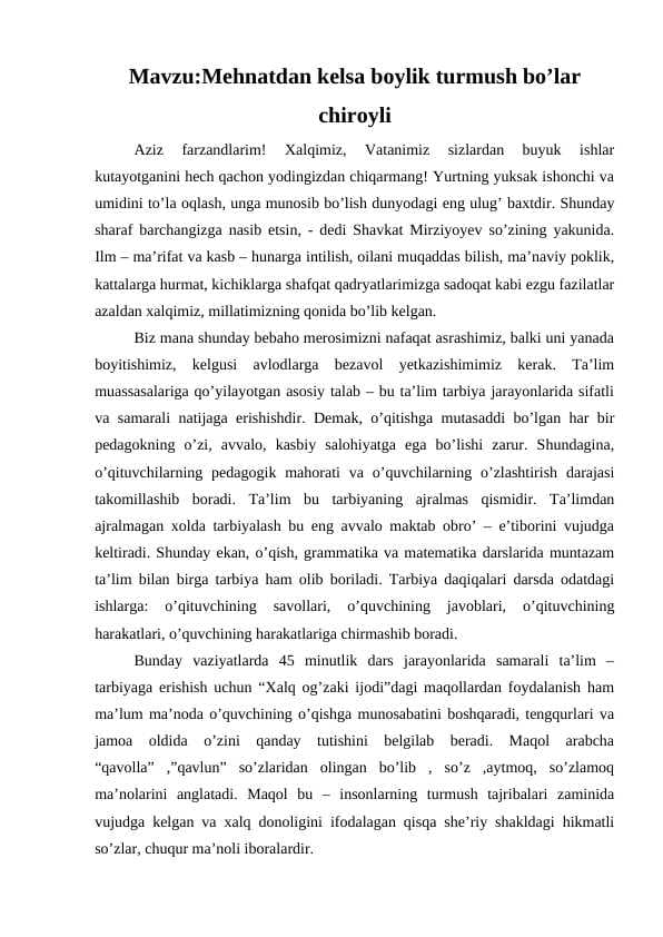 Mehnatdan kelsa boylik turmush bo’lar chiroylik m.docx