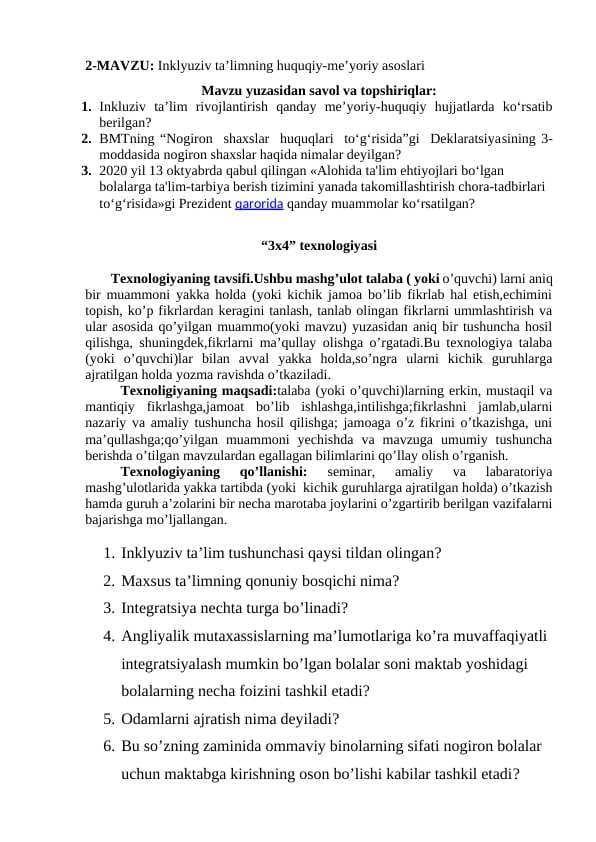 MAVZU: Inklyuziv ta’limning huquqiy-me’yoriy asoslari
