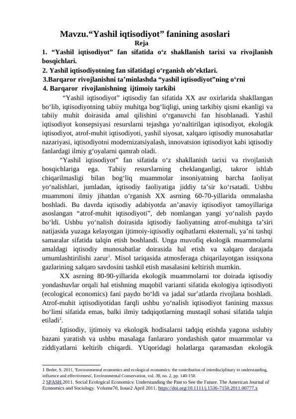 Yashil iqtisodiyot” fanining asoslari