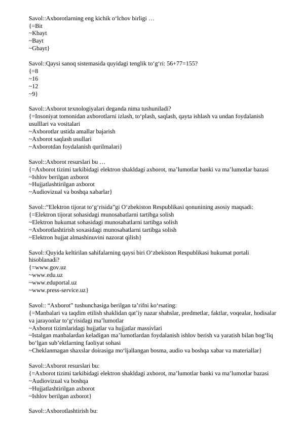 AKT dan 180 ta test javoblari bilan