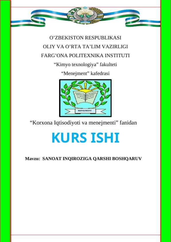 SANOAT INQIROZIGA QARSHI BOSHQARUV