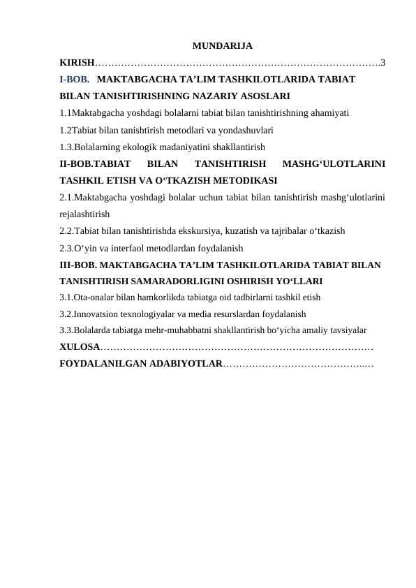 MAKTABGACHA TA'LIM TASHKILOTLARIDA TABIAT BILAN TANISHTIRISH MASHG‘ULOTLARINI O‘TKAZISH