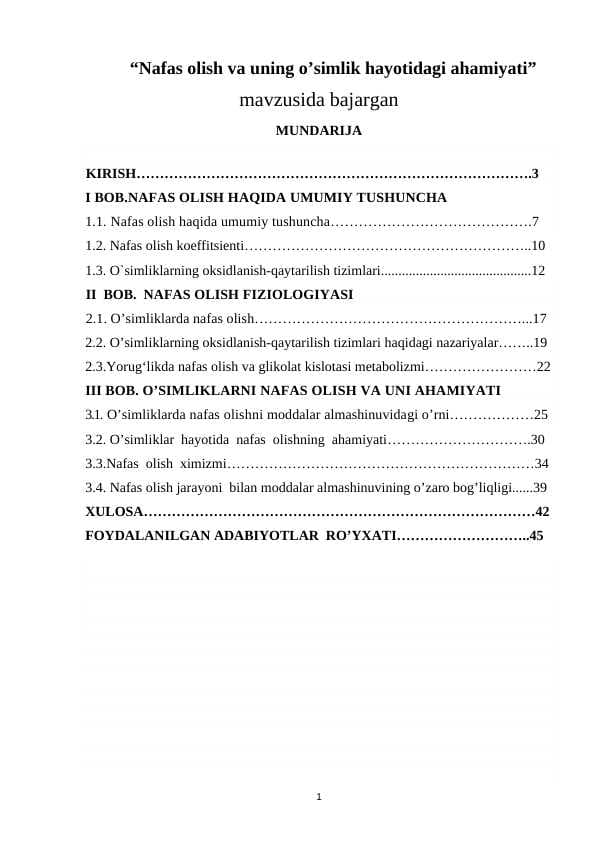 Nafas olish va uning o’simlik hayotidagi ahamiyati