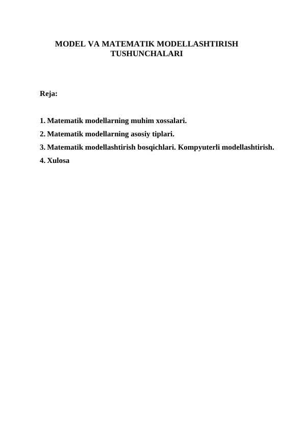 MODEL VA MATEMATIK MODELLASHTIRISH TUSHUNCHALARI