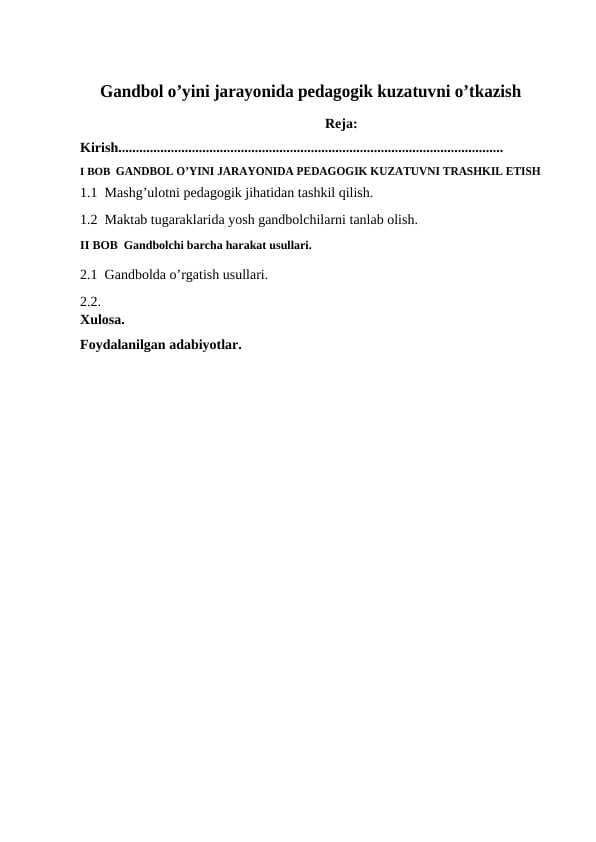 Gandbol o’yini jarayonida pedagogik kuzatuvni o’tkazish