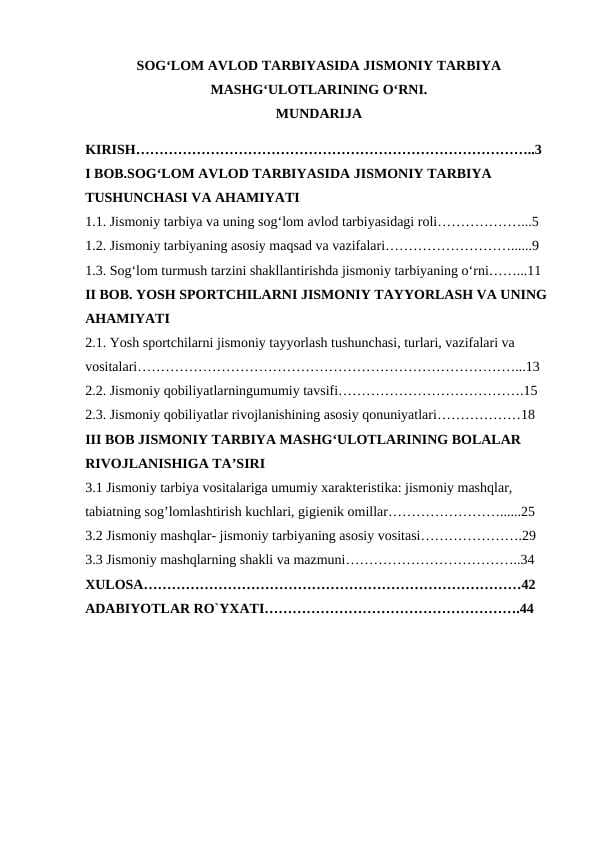 SOGʻLOM AVLOD TARBIYASIDA JISMONIY TARBIYA MASHGʻULOTLARINING OʻRNI.