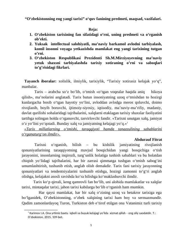 “O‘zbekistonning eng yangi tarixi” o‘quv fanining predmeti, maqsad, vazifalari