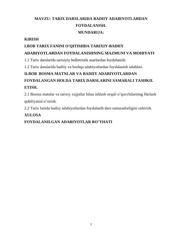 TARIX DARSLARIDA BADIIY ADABIYOTLARDAN FOYDALANISH.