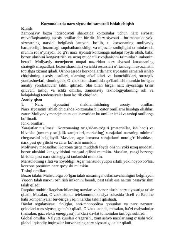 Korxonalar narx siyosatini samarali ishlab chiqish